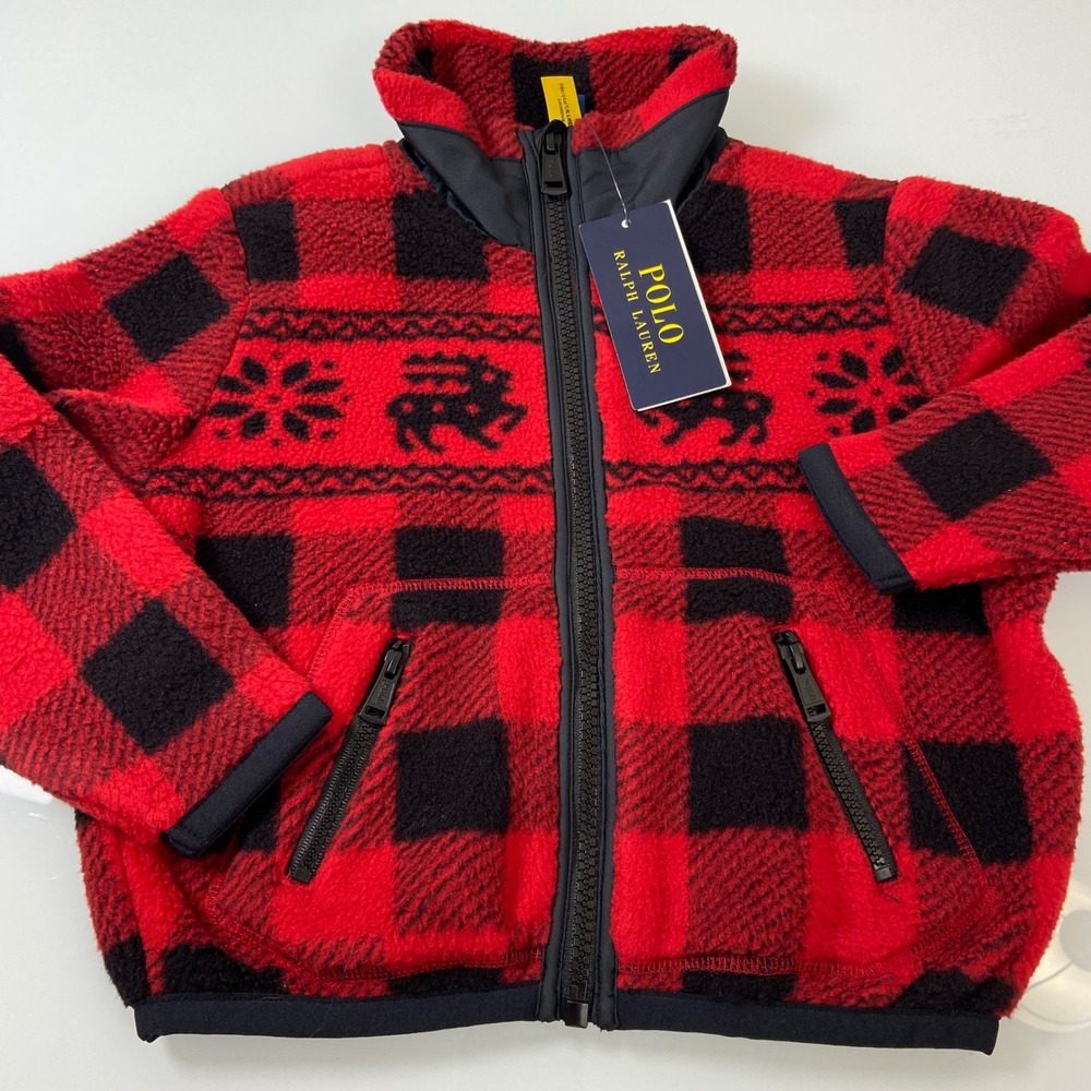 Polo Ralph Lauren Girls 3T Red Black Buffalo Check Fair Isle Teddy Fleece Jacket